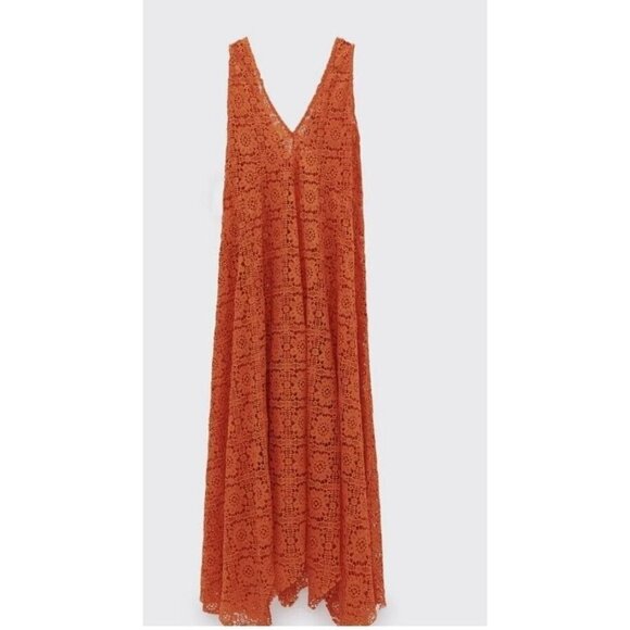 Zara langes Kleid Lochspitze orange rot Lachs Sommerkleid Strand Limited,Small - Picture 3 of 12